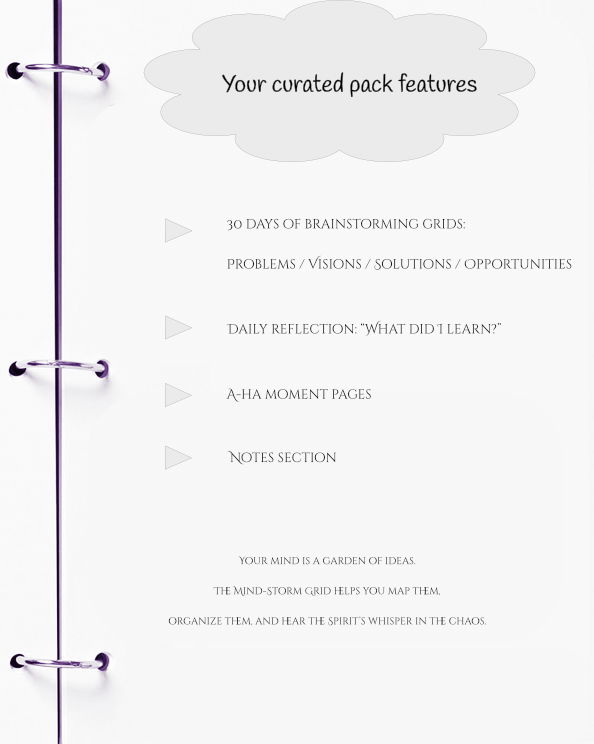 Product packaging with text detailing features of a brainstorming guide.