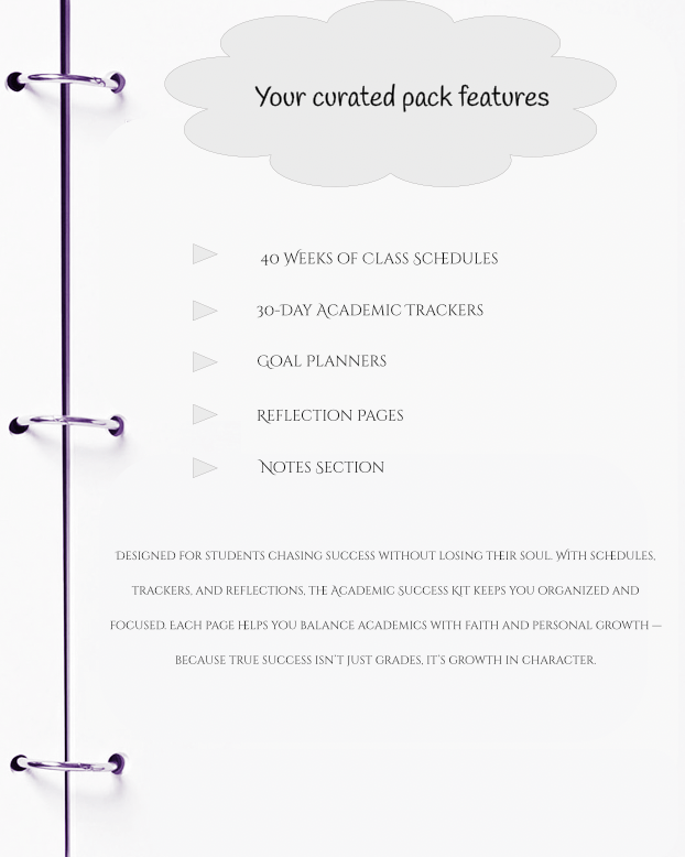 Academic success kit with features listed on a white background