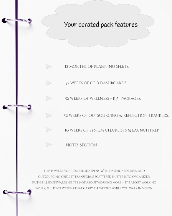 Planner with features listed on a white background