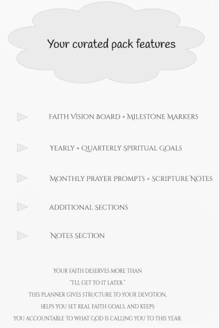 Faith planner with features listed on a white background