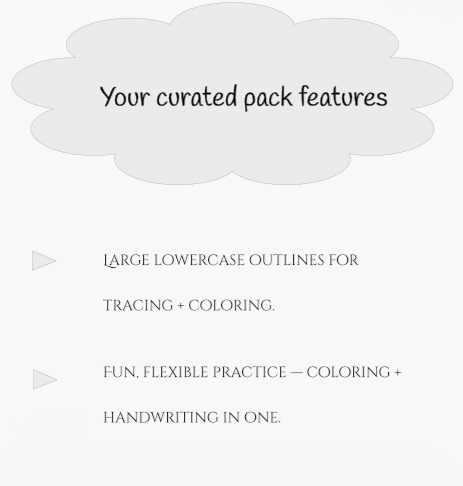 Sheet with text about a curated pack featuring lowercase outlines for tracing and coloring, on a white background.