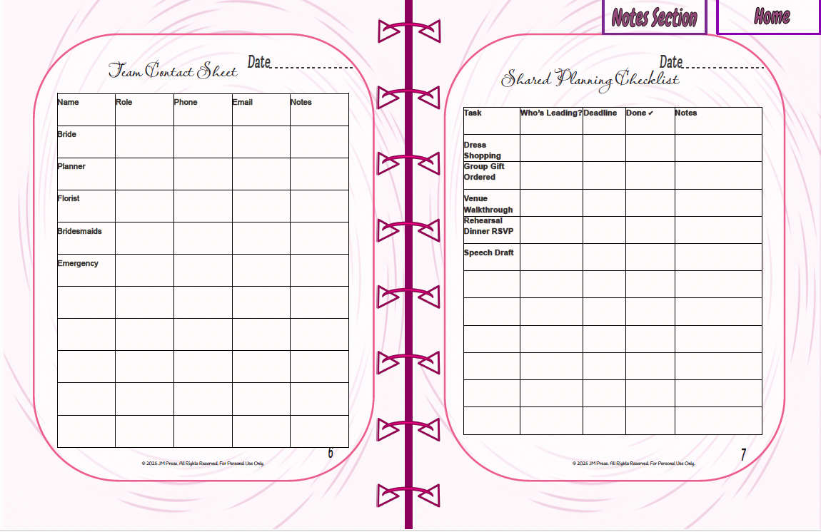 Bridesmaid Planner | Team Roles, Shared Checklists & Reflection Pages | JM Press