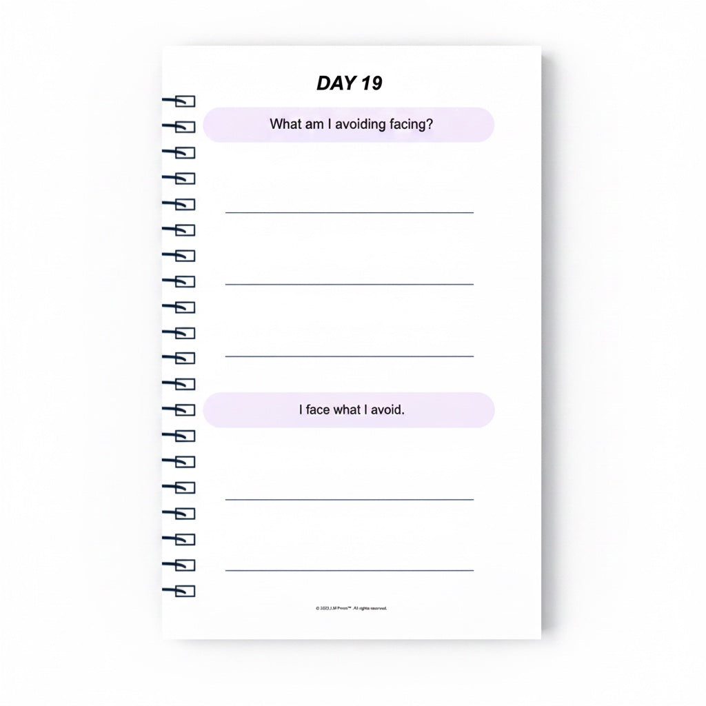 The J.M Press Brave Reset pocket diary, Day 19, with prompts for reflection on facing avoidance and building resilience.