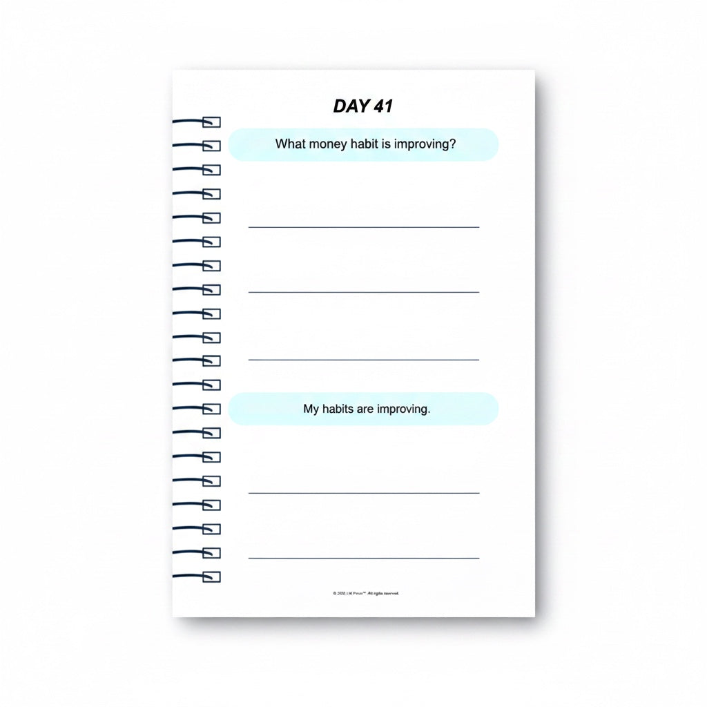 The J.M Press Affirmed In Business Pocket Diary, Volume One, Day 41 journal page with prompts about improving money habits.