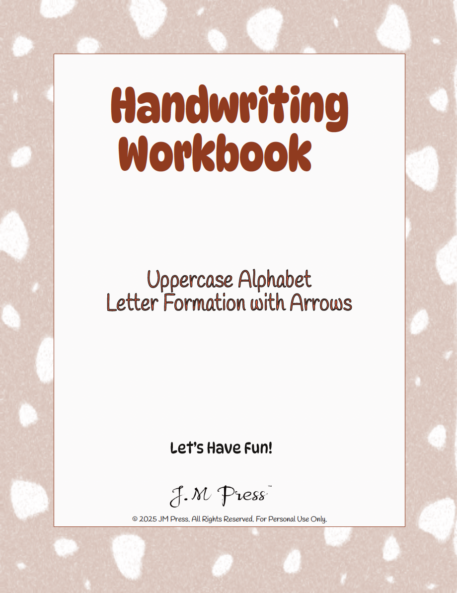 Handwriting workbook cover with uppercase alphabet letter formation on a polka dot background