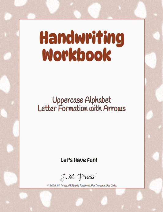 Handwriting workbook cover with uppercase alphabet letter formation on a polka dot background