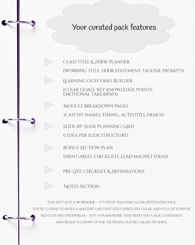 Educational resource with features listed on a white background