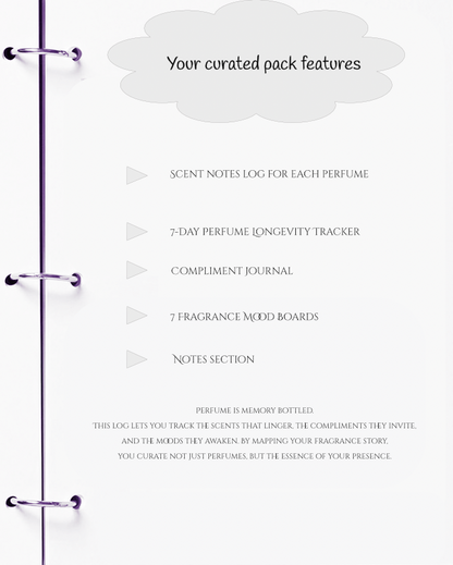 Perfume logbook with features listed on a white background