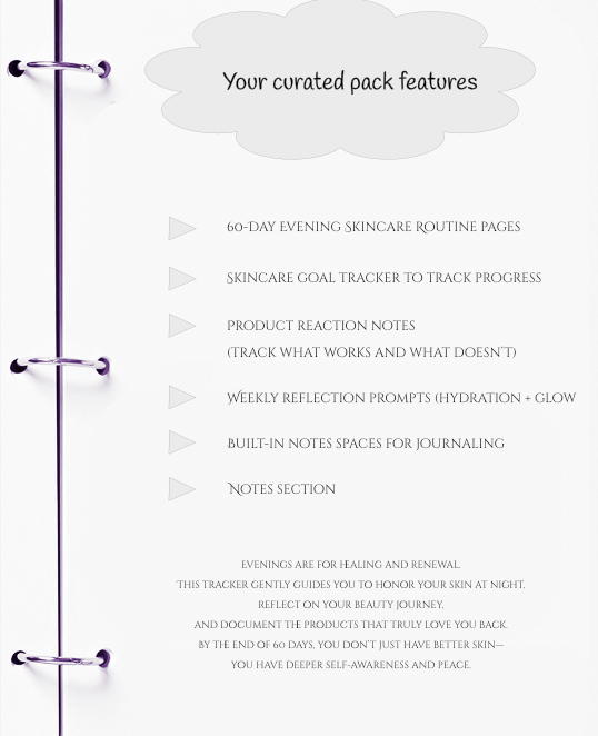 Skincare routine planner with features listed on a white background