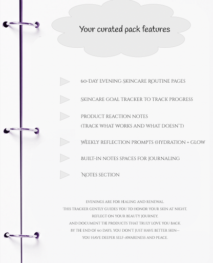 Skincare routine planner with features listed on a white background