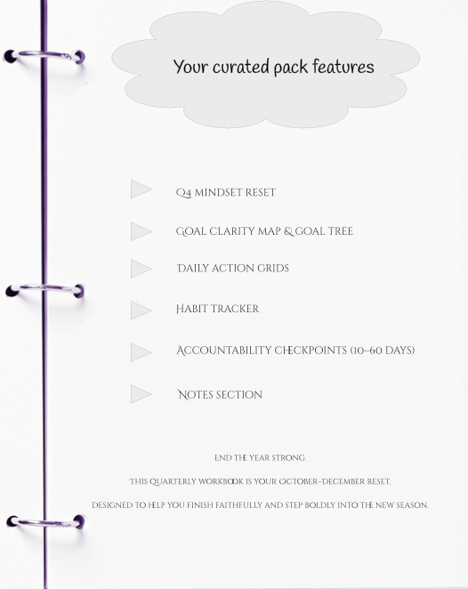 Quarterly work planner with features listed on a white background