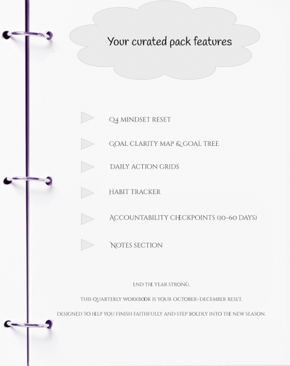 Quarterly work planner with features listed on a white background