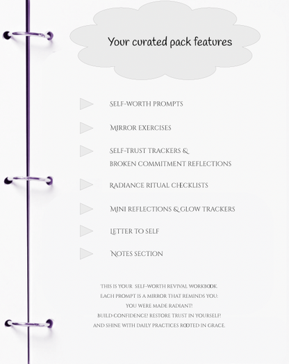 Workbook with a cloud-shaped feature box listing curated pack features on a white background.