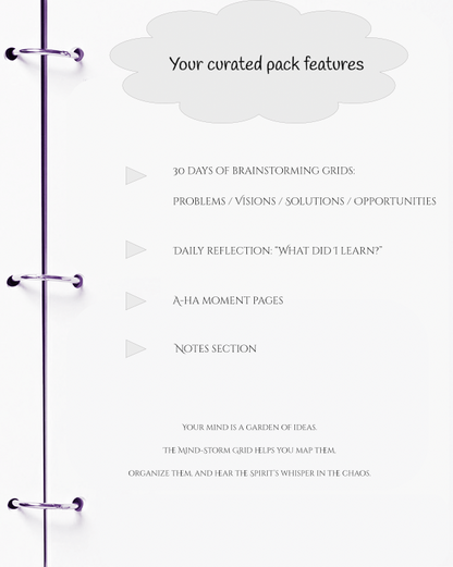 Product packaging with text detailing features of a brainstorming guide.