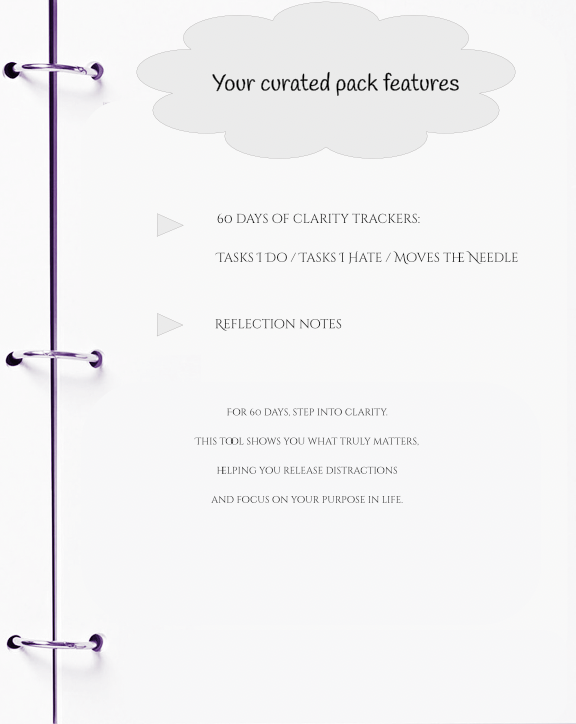Product packaging with text about a curated pack featuring clarity trackers and reflection notes.
