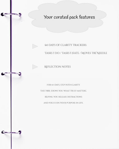 Product packaging with text about a curated pack featuring clarity trackers and reflection notes.