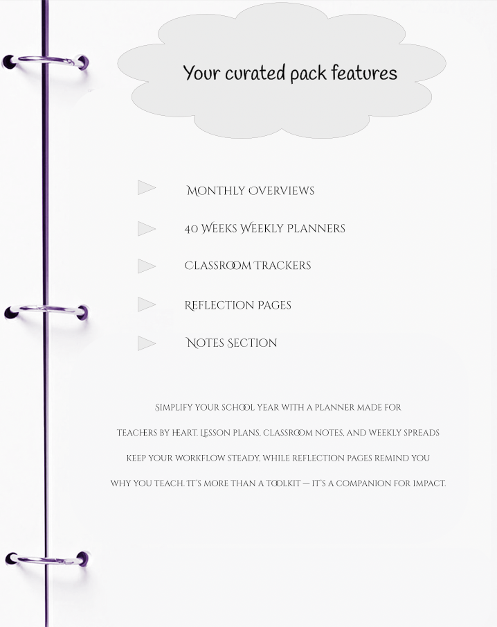 Planner with cloud-shaped feature list on a white background