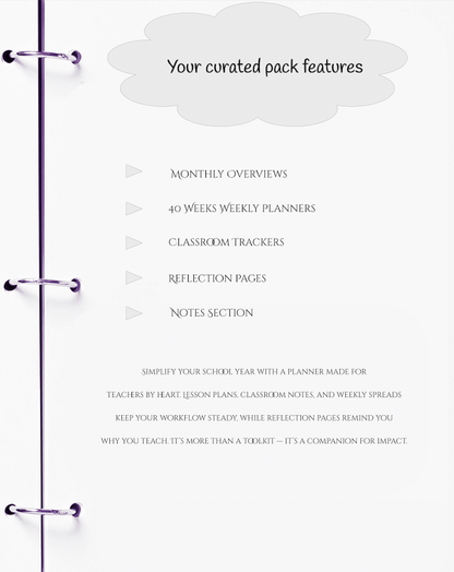 Planner with cloud-shaped feature list on a white background