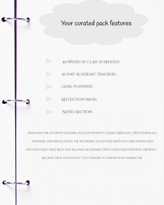 Academic success kit with features listed on a white background