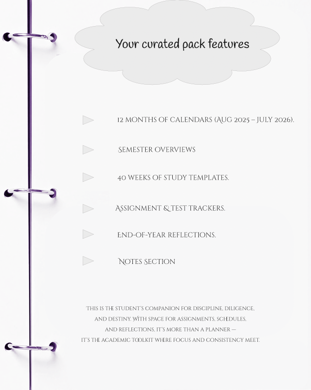 Academic planner with features listed on a white background