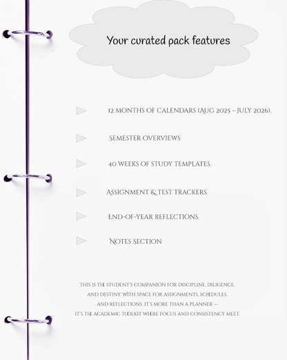 Academic planner with features listed on a white background