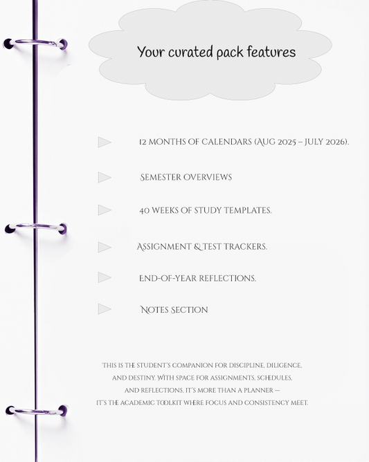 Academic planner with features listed on a white background