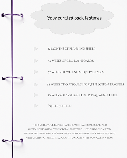 Planner with features listed on a white background