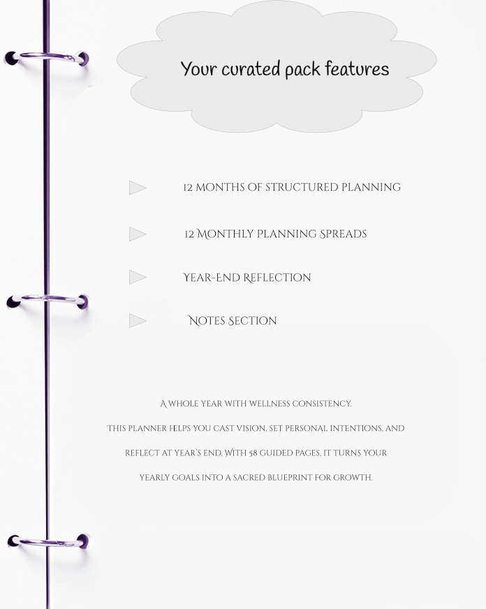 Planner with text detailing features on a white background