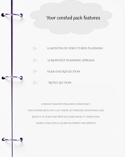 Planner with text detailing features on a white background
