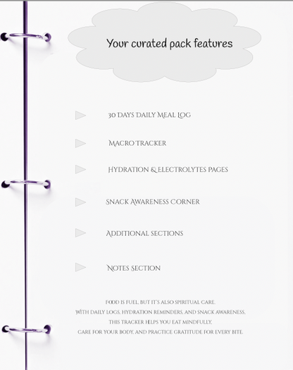 Features of a meal planning and tracking binder on a white background
