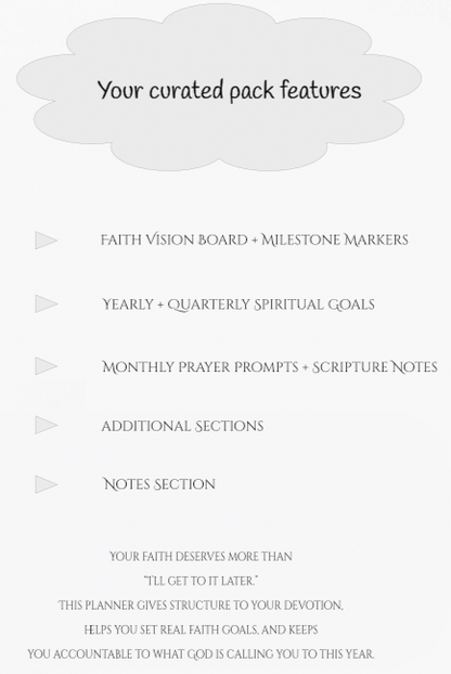Faith planner with features listed on a white background