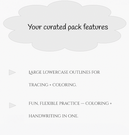 Sheet with text about a curated pack featuring lowercase outlines for tracing and coloring, on a white background.