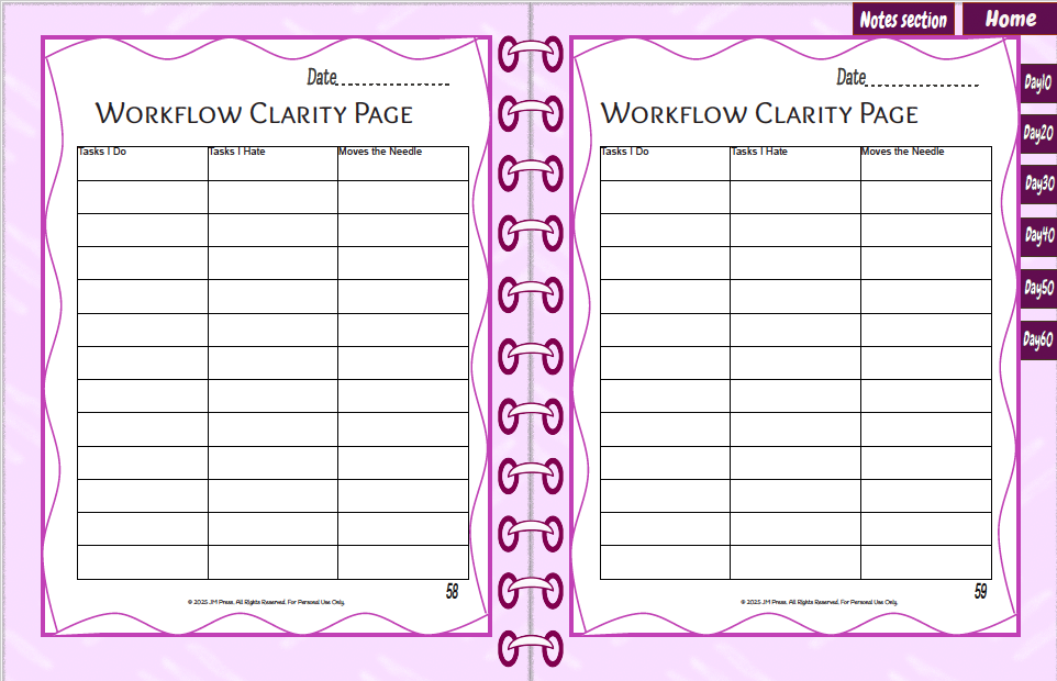 Workflow Clarity Page – 60 Days (JM Press Workbook Edition)
