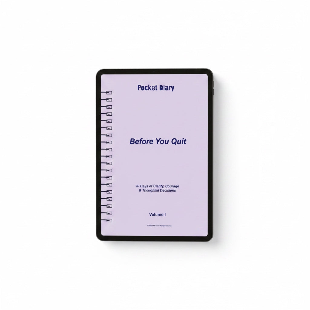 The J.M Press 'Before You Quit' pocket diary, Volume I, for 90 days of clarity, courage, and thoughtful decisions.