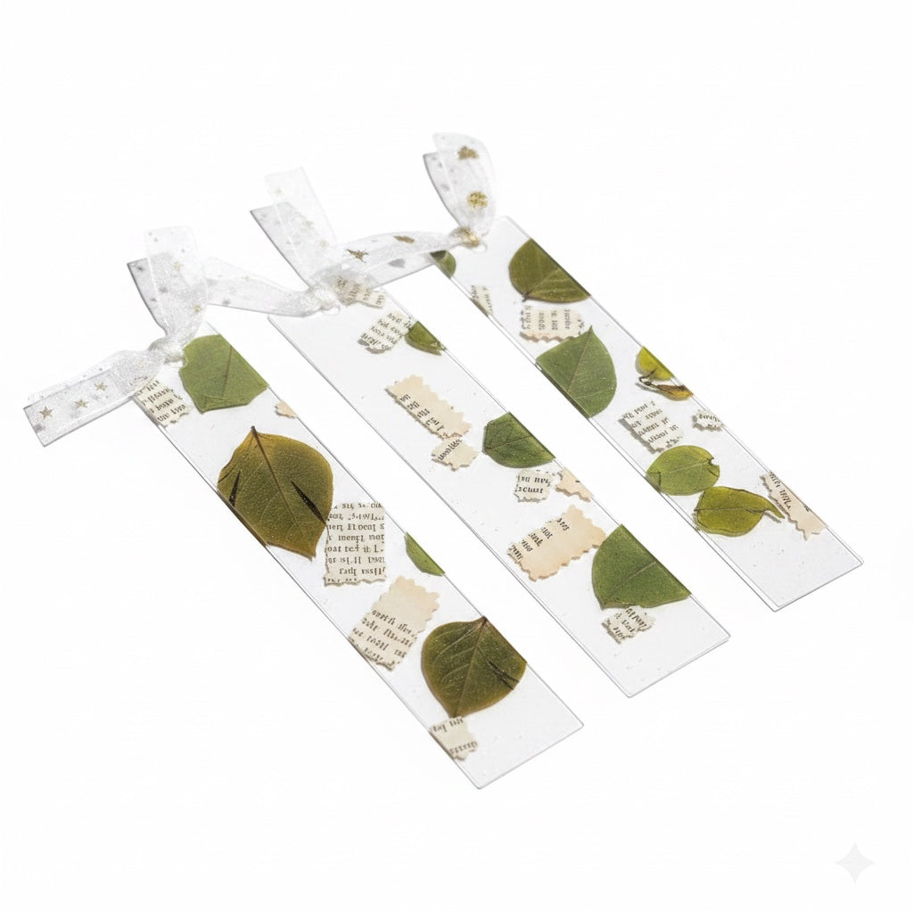 The J.M Press clear bookmarks with pressed green leaves and vintage text fragments, tied with sheer ribbon.