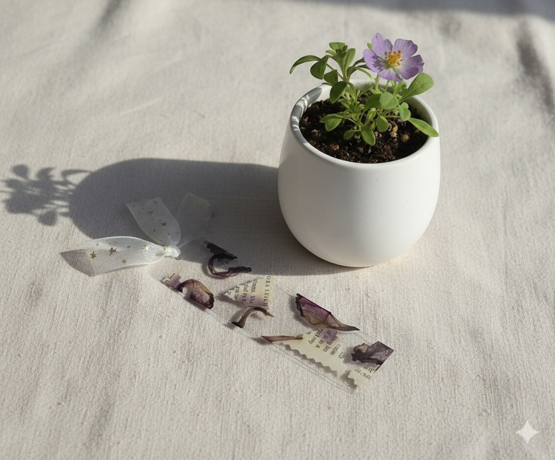 The J.M Press clear resin bookmark with pressed purple flowers and a white ribbon tie, next to a small potted plant.