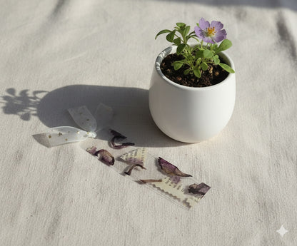 The J.M Press clear resin bookmark with pressed purple flowers and a white ribbon tie, next to a small potted plant.