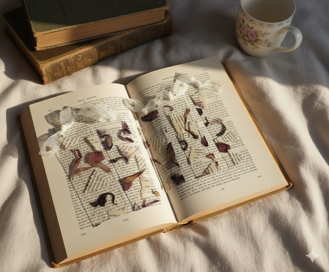 The J.M Press pressed flower bookmark collection featuring real dried flowers and leaves encased in clear resin, placed in an open book.