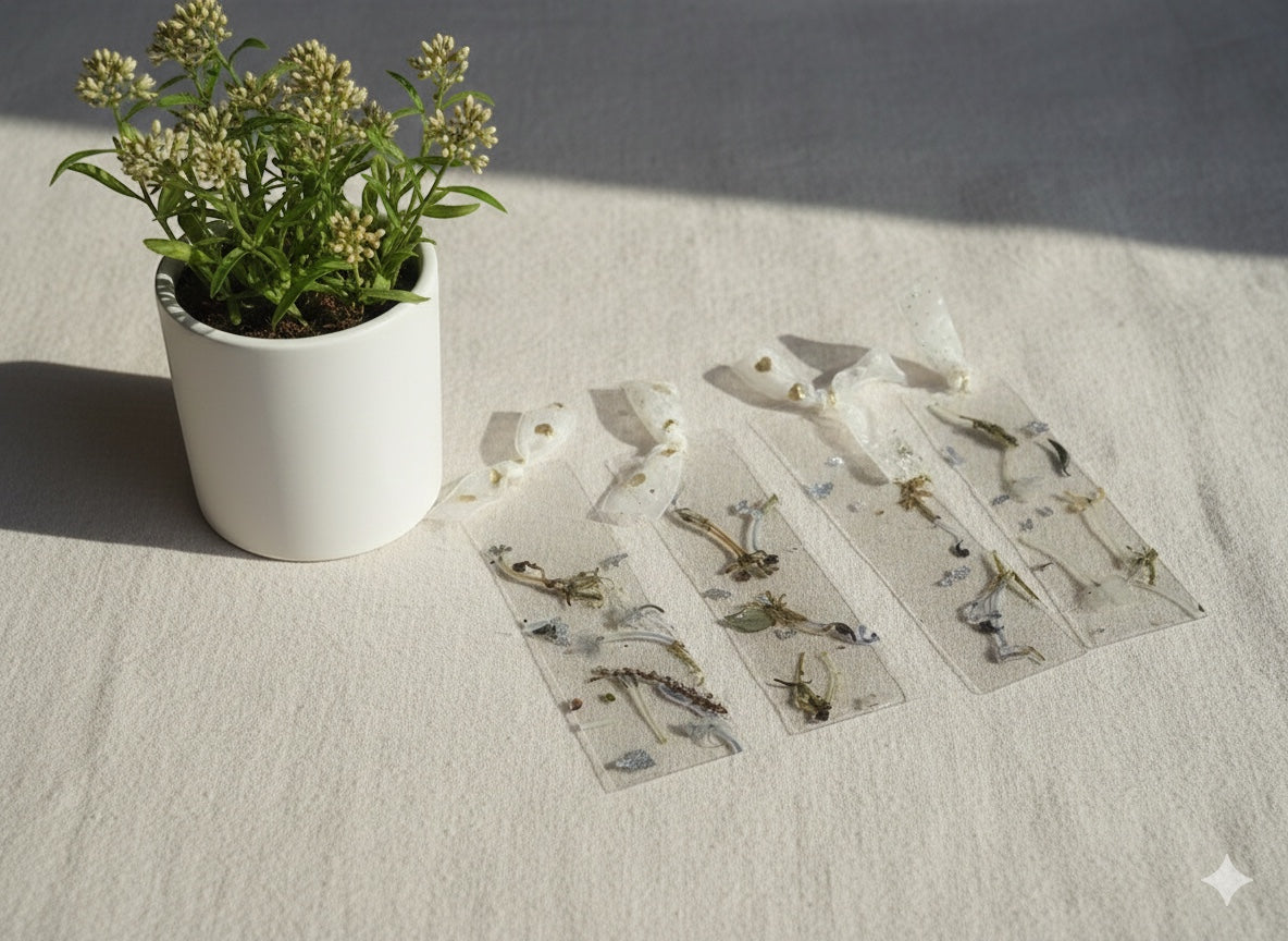 The J.M Press collection of clear resin bookmarks with real pressed flowers and leaves, tied with white ribbon.