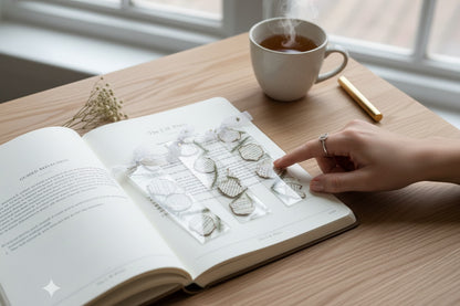 The J.M. Press Silvered Forest Trio bookmarks with Ivory Lily Grace, Prismatic Lily Bloom, and Skeleton Leaf Monstera designs.