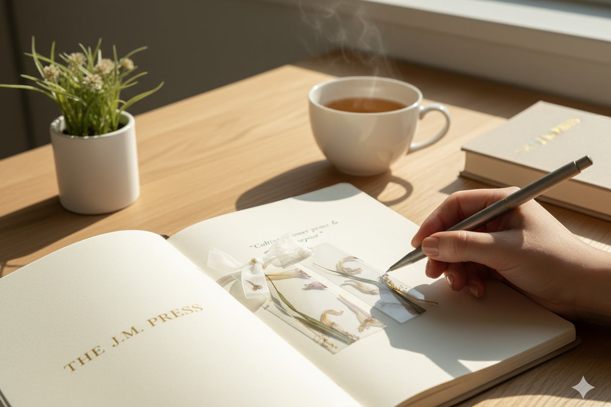 The J.M. Press Silvered Forest Trio bookmarks with dried flowers and leaves, set on an open book with a cup of tea.