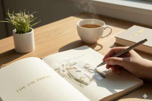 The J.M. Press Silvered Forest Trio bookmarks with dried flowers and leaves, set on an open book with a cup of tea.