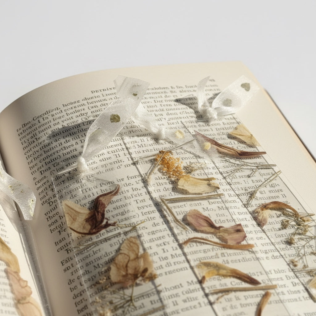 The J.M Press Silvered Forest Trio bookmarks with dried flowers and leaves embedded in clear resin, tied with sheer ribbon.