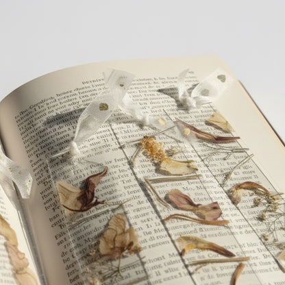 The J.M Press Silvered Forest Trio bookmarks with dried flowers and leaves embedded in clear resin, tied with sheer ribbon.