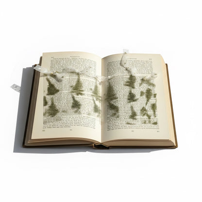 The J.M Press pressed botanical bookmarks featuring real dried green foliage and flowers encased in clear material, taped to an open book.