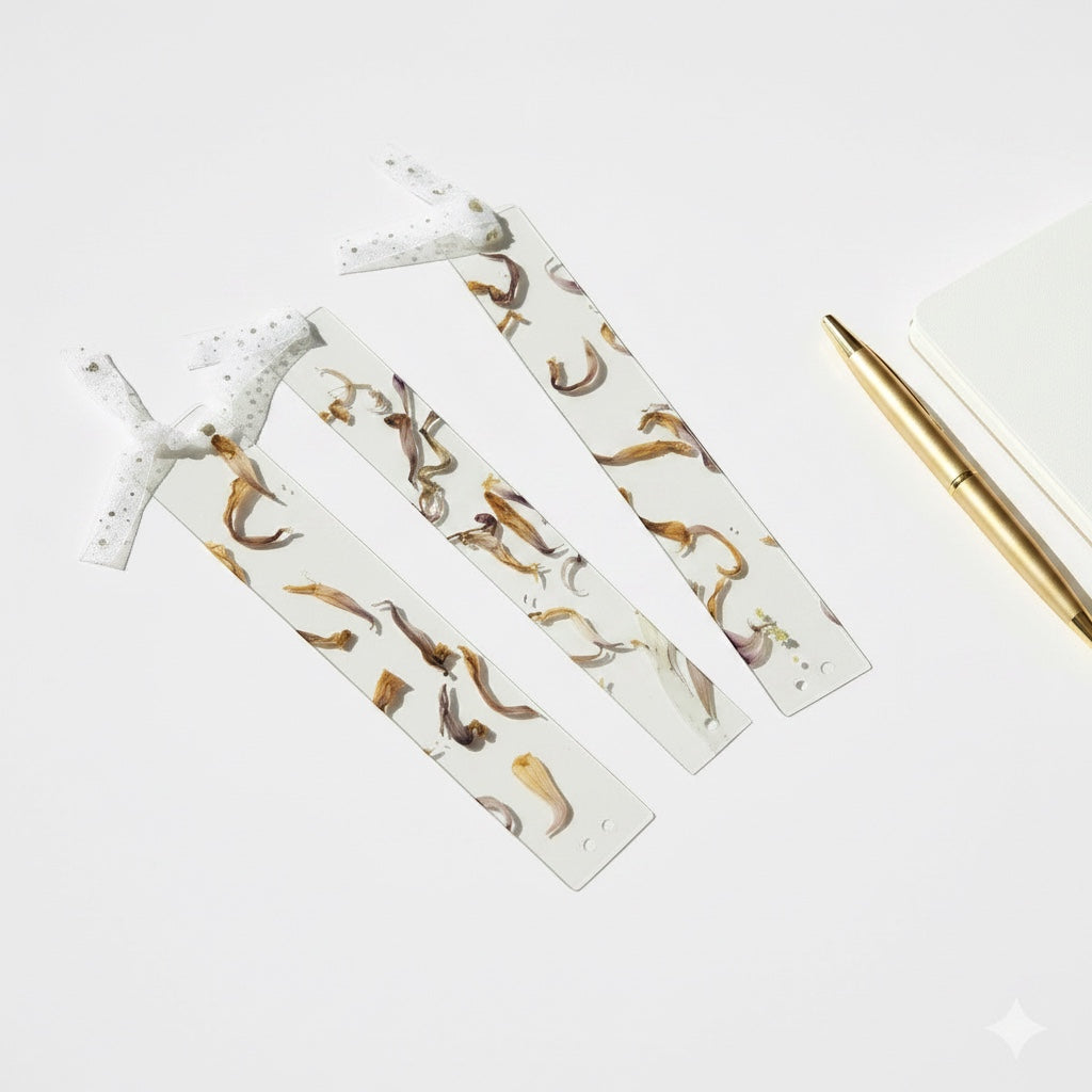 The J.M Press clear bookmarks with pressed dried flowers and foliage, tied with white ribbon. A gold pen and notebook are nearby.