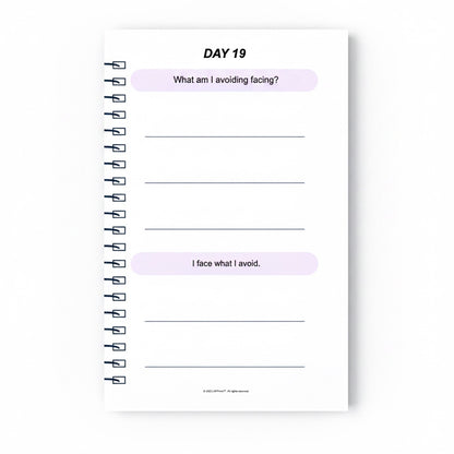 The J.M Press Brave Reset pocket diary, Day 19, with prompts for reflection on facing avoidance and building resilience.