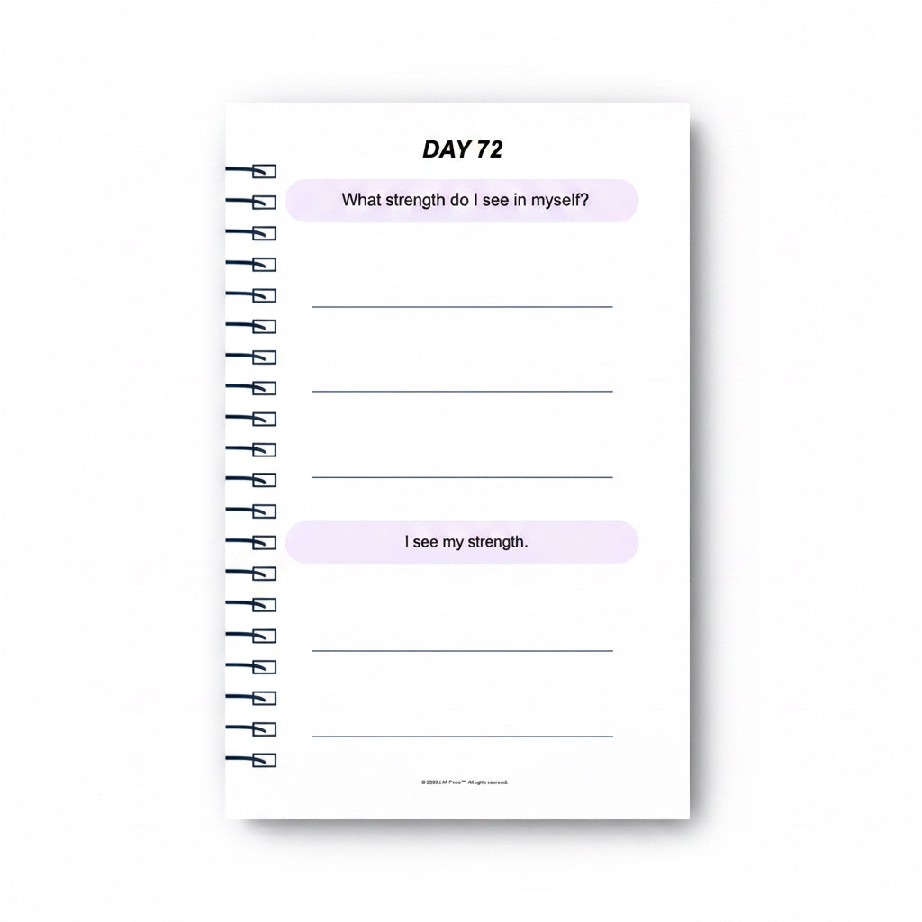 The J.M Press Brave Reset pocket diary, Day 72, with prompts for reflection on personal strength and resilience.