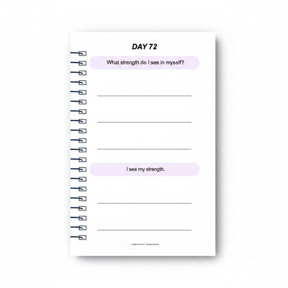 The J.M Press Brave Reset pocket diary, Day 72, with prompts for reflection on personal strength and resilience.