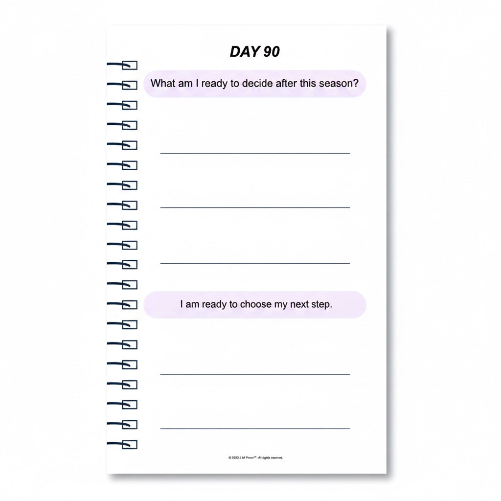 The J.M Press Brave Reset pocket diary page for Day 90, with prompts for reflection and choosing next steps.